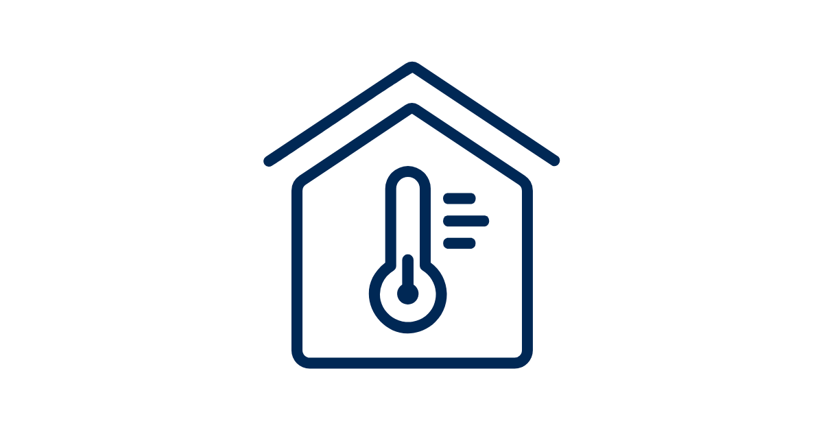 Grafisk illustrasjon som viser omrisset av et hus med en termostat 