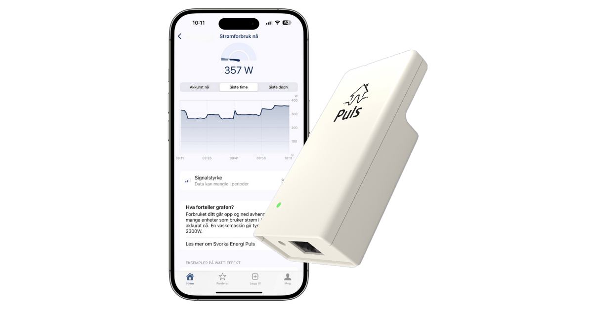 Bilde av en pulsmåler og en mobiletelefon som viser strømforbruk.